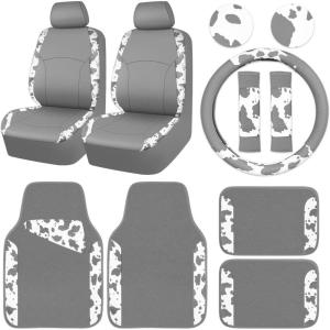 imageCAR PASS Waterproof Universal Fit Car Floor Mats Car Mats Fit for SUVVanssedans TrucksSet of 4pcs Car Carpet with Driver Heel Pad BeigeCow Print Gray