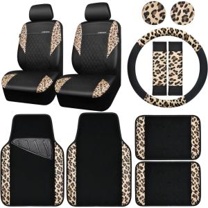 imageCAR PASS Waterproof Universal Fit Car Floor Mats Car Mats Fit for SUVVanssedans TrucksSet of 4pcs Car Carpet with Driver Heel Pad BeigeLeopard combo