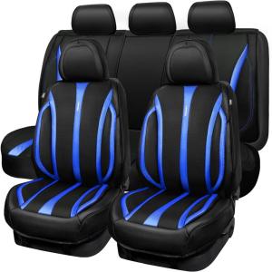 imageCAR Pass Nappa Leather Car Seat Covers Durable Waterproof Luxury Universal for SUV Pickup Truck Sedan AntiSlip Driver 5 Seats Covers Full Set with Backrest Black Chameleon Iridescent ReflectiveBlack Blue Carbon