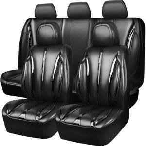 imageCAR Pass Nappa Leather Car Seat Covers Durable Waterproof Luxury Universal for SUV Pickup Truck Sedan AntiSlip Driver 5 Seats Covers Full Set with Backrest Black Chameleon Iridescent ReflectiveBright Black Leather