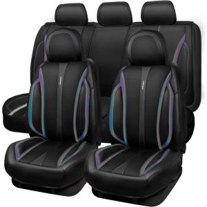imageCAR Pass Nappa Leather Car Seat Covers Durable Waterproof Luxury Universal for SUV Pickup Truck Sedan AntiSlip Driver 5 Seats Covers Full Set with Backrest Black Chameleon Iridescent ReflectiveBlack Chameleon Iridescent