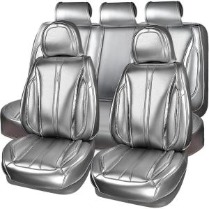 imageCAR Pass Nappa Leather Car Seat Covers Durable Waterproof Luxury Universal for SUV Pickup Truck Sedan AntiSlip Driver 5 Seats Covers Full Set with Backrest Black Chameleon Iridescent ReflectiveBright Silver Leather