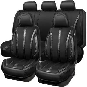 imageCAR Pass Nappa Leather Car Seat Covers Durable Waterproof Luxury Universal for SUV Pickup Truck Sedan AntiSlip Driver 5 Seats Covers Full Set with Backrest Black Chameleon Iridescent ReflectiveBlack Leather Strips