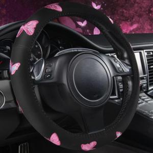 imageCar Pass Pink Embroidery Butterfly Steering Wheel Cover Universal 15 Inch Car Wheel Cover for Women Girls Fit for SuvsSmall TrucksSedansCars Black and PinkBlack and Pink