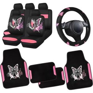 imageCar Pass Pink Embroidery Butterfly Steering Wheel Cover Universal 15 Inch Car Wheel Cover for Women Girls Fit for SuvsSmall TrucksSedansCars Black and PinkBlack and Pink Combo