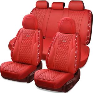 imageCAR Pass Bling Car Seat Covers Microfiber Nappa Leather Luxury Cushioned Waterproof HeavyDuty AntiSlip Universal Fit for Auto SUV Sedan Sparkly Glitter Shining Rhinestone Full Set Black DiamondRed leather