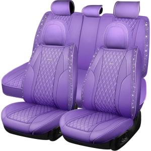 imageCAR Pass Bling Car Seat Covers Microfiber Nappa Leather Luxury Cushioned Waterproof HeavyDuty AntiSlip Universal Fit for Auto SUV Sedan Sparkly Glitter Shining Rhinestone Full Set Black DiamondViolet Leather