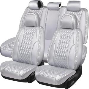 imageCAR Pass Bling Car Seat Covers Microfiber Nappa Leather Luxury Cushioned Waterproof HeavyDuty AntiSlip Universal Fit for Auto SUV Sedan Sparkly Glitter Shining Rhinestone Full Set Black DiamondSilver Leather