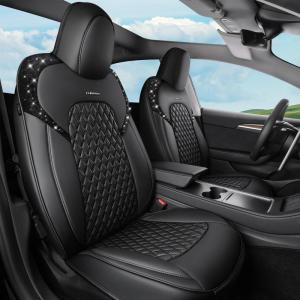 imageCAR Pass Bling Car Seat Covers Microfiber Nappa Leather Luxury Cushioned Waterproof HeavyDuty AntiSlip Universal Fit for Auto SUV Sedan Sparkly Glitter Shining Rhinestone Full Set Black DiamondBlack for Tesla 3