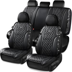 imageCAR Pass Bling Car Seat Covers Microfiber Nappa Leather Luxury Cushioned Waterproof HeavyDuty AntiSlip Universal Fit for Auto SUV Sedan Sparkly Glitter Shining Rhinestone Full Set Black DiamondBlack diamond