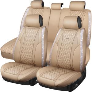 imageCAR Pass Bling Car Seat Covers Microfiber Nappa Leather Luxury Cushioned Waterproof HeavyDuty AntiSlip Universal Fit for Auto SUV Sedan Sparkly Glitter Shining Rhinestone Full Set Black DiamondBeige Leather