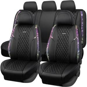 imageCAR Pass Bling Car Seat Covers Microfiber Nappa Leather Luxury Cushioned Waterproof HeavyDuty AntiSlip Universal Fit for Auto SUV Sedan Sparkly Glitter Shining Rhinestone Full Set Black DiamondMulticolor diamond