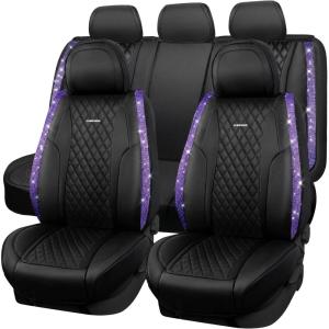 imageCAR Pass Bling Car Seat Covers Microfiber Nappa Leather Luxury Cushioned Waterproof HeavyDuty AntiSlip Universal Fit for Auto SUV Sedan Sparkly Glitter Shining Rhinestone Full Set Black DiamondViolet Diamond