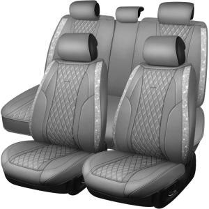 imageCAR Pass Bling Car Seat Covers Microfiber Nappa Leather Luxury Cushioned Waterproof HeavyDuty AntiSlip Universal Fit for Auto SUV Sedan Sparkly Glitter Shining Rhinestone Full Set Black DiamondGray Leather