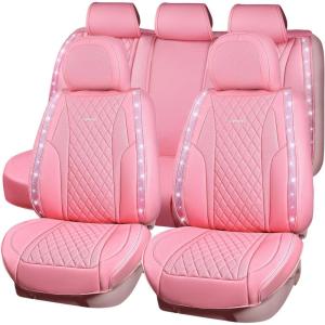 imageCAR Pass Bling Car Seat Covers Microfiber Nappa Leather Luxury Cushioned Waterproof HeavyDuty AntiSlip Universal Fit for Auto SUV Sedan Sparkly Glitter Shining Rhinestone Full Set Black DiamondPink leather