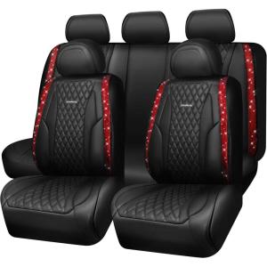imageCAR Pass Bling Car Seat Covers Microfiber Nappa Leather Luxury Cushioned Waterproof HeavyDuty AntiSlip Universal Fit for Auto SUV Sedan Sparkly Glitter Shining Rhinestone Full Set Black DiamondRed Diamond
