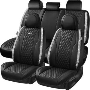 imageCAR Pass Bling Car Seat Covers Microfiber Nappa Leather Luxury Cushioned Waterproof HeavyDuty AntiSlip Universal Fit for Auto SUV Sedan Sparkly Glitter Shining Rhinestone Full Set Black DiamondSilver diamond