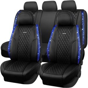 imageCAR Pass Bling Car Seat Covers Microfiber Nappa Leather Luxury Cushioned Waterproof HeavyDuty AntiSlip Universal Fit for Auto SUV Sedan Sparkly Glitter Shining Rhinestone Full Set Black DiamondBlue Diamond