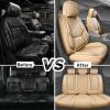imageCAR PASS Ventilation Cooling Seat CoverLuxury Nappa Leather 5 Seat Cover with Vibrate Massage 12V Lumbar Support Seat Covers for SUVsPickupsTrucksVehicles Solid BlackAll Beige