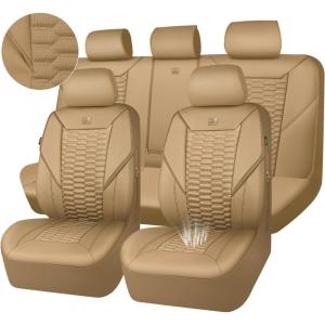 imageCAR PASS 3D Foam Mesh Leather Car Seat Covers Front Seats Air Cool Mesh Front Seat Covers for Car Universal Fit for SUV Truck Sedan Automotive Armrest Airbag CompatibleBlack and RedAll Beige