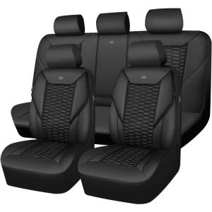 imageCAR PASS 3D Foam Mesh Leather Car Seat Covers Front Seats Air Cool Mesh Front Seat Covers for Car Universal Fit for SUV Truck Sedan Automotive Armrest Airbag CompatibleBlack and RedAll Black Leather
