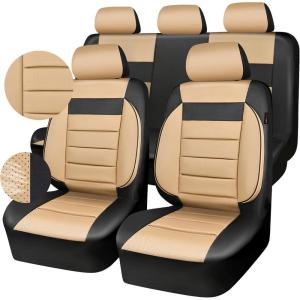 imageCAR PASS Faux Leather Car Seat Covers Front Seats Only 3D Foam Support Car Seat Covers Universal fit for Trucks Vans SUVs Sedans Automotive Comfortable Airbag Compatible 2 Pieces Front Solid BlackBlack and Beige