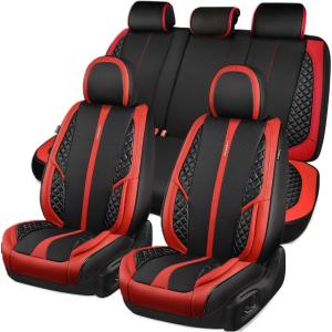 imageCAR PASS Nappa PU Leather Car Seat Covers Full Set Waterproof Protector Durable CushionedUniversal Fit for Sedan SUV Pickup TruckAutomotive AntiSlip and Backseat Luxury Premium DeluxeBlackBlack Red
