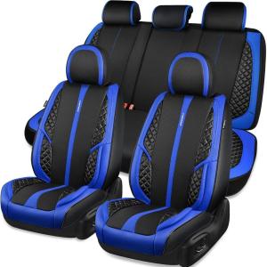 imageCAR PASS Nappa PU Leather Car Seat Covers Full Set Waterproof Protector Durable CushionedUniversal Fit for Sedan SUV Pickup TruckAutomotive AntiSlip and Backseat Luxury Premium DeluxeBlackBlack and Blue