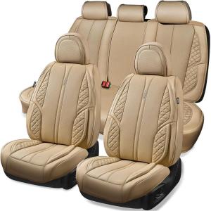 imageCAR PASS Nappa PU Leather Car Seat Covers Full Set Waterproof Protector Durable CushionedUniversal Fit for Sedan SUV Pickup TruckAutomotive AntiSlip and Backseat Luxury Premium DeluxeBlackAll Beige