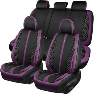 imageCAR PASS Nappa PU Leather Car Seat Covers Full Set Waterproof Protector Durable CushionedUniversal Fit for Sedan SUV Pickup TruckAutomotive AntiSlip and Backseat Luxury Premium DeluxeBlackBlack Purple