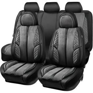 imageCAR PASS Nappa PU Leather Car Seat Covers Full Set Waterproof Protector Durable CushionedUniversal Fit for Sedan SUV Pickup TruckAutomotive AntiSlip and Backseat Luxury Premium DeluxeBlackGray