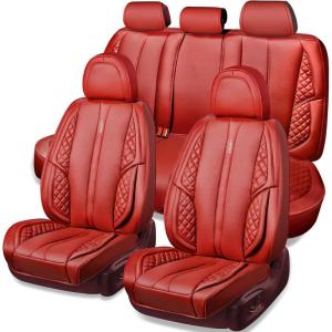 imageCAR PASS Nappa PU Leather Car Seat Covers Full Set Waterproof Protector Durable CushionedUniversal Fit for Sedan SUV Pickup TruckAutomotive AntiSlip and Backseat Luxury Premium DeluxeBlackred