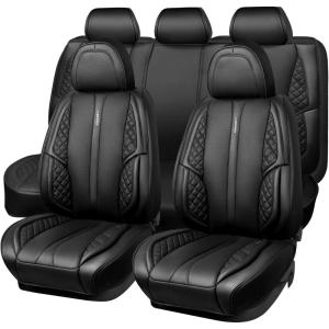 imageCAR PASS Nappa PU Leather Car Seat Covers Full Set Waterproof Protector Durable CushionedUniversal Fit for Sedan SUV Pickup TruckAutomotive AntiSlip and Backseat Luxury Premium DeluxeBlackblack