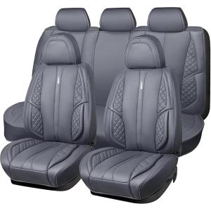 imageCAR PASS Nappa PU Leather Car Seat Covers Full Set Waterproof Protector Durable CushionedUniversal Fit for Sedan SUV Pickup TruckAutomotive AntiSlip and Backseat Luxury Premium DeluxeBlackGrey