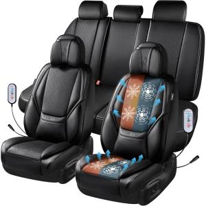 imageCAR PASS Ventilation Cooling Seat CoverLuxury Nappa Leather 5 Seat Cover with Vibrate Massage 12V Lumbar Support Seat Covers for SUVsPickupsTrucksVehicles Solid Blackblack