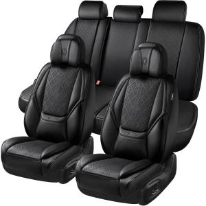imageCAR PASS Ventilation Cooling Seat CoverLuxury Nappa Leather 5 Seat Cover with Vibrate Massage 12V Lumbar Support Seat Covers for SUVsPickupsTrucksVehicles Solid BlackAll Black
