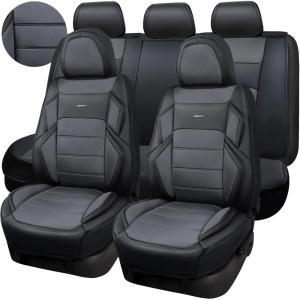 imageCAR PASS Ventilation Cooling Seat CoverLuxury Nappa Leather 5 Seat Cover with Vibrate Massage 12V Lumbar Support Seat Covers for SUVsPickupsTrucksVehicles Solid BlackGray