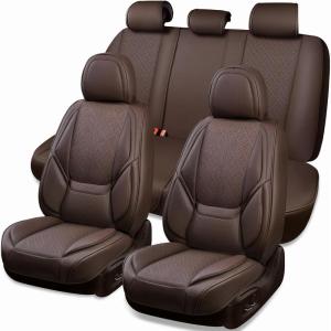 imageCAR PASS Ventilation Cooling Seat CoverLuxury Nappa Leather 5 Seat Cover with Vibrate Massage 12V Lumbar Support Seat Covers for SUVsPickupsTrucksVehicles Solid BlackBrown