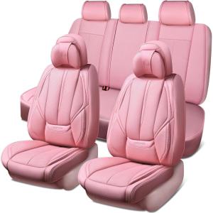 imageCAR PASS Ventilation Cooling Seat CoverLuxury Nappa Leather 5 Seat Cover with Vibrate Massage 12V Lumbar Support Seat Covers for SUVsPickupsTrucksVehicles Solid BlackPink