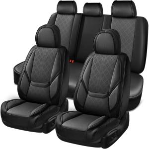 imageCAR PASS Ventilation Cooling Seat CoverLuxury Nappa Leather 5 Seat Cover with Vibrate Massage 12V Lumbar Support Seat Covers for SUVsPickupsTrucksVehicles Solid Blackblack and gray