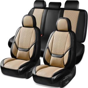 imageCAR PASS Ventilation Cooling Seat CoverLuxury Nappa Leather 5 Seat Cover with Vibrate Massage 12V Lumbar Support Seat Covers for SUVsPickupsTrucksVehicles Solid BlackBlack Beige