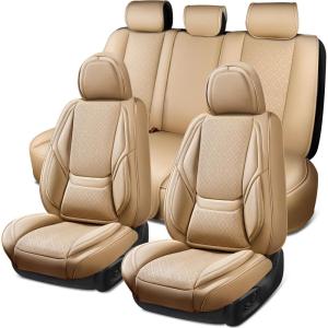 imageCAR PASS Ventilation Cooling Seat CoverLuxury Nappa Leather 5 Seat Cover with Vibrate Massage 12V Lumbar Support Seat Covers for SUVsPickupsTrucksVehicles Solid BlackAll Beige
