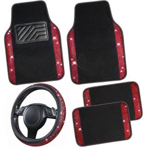 imageCAR PASS Bling Diamond Leather Steering Wheel Cover 145in15in Floor Mats Shining Rhinestone Carpet Sparkly Glitter Crystal AntiSlip Pad Fit Automotive SUV Pickup Truck Girl Women 5pcs Black SliverBlack Red