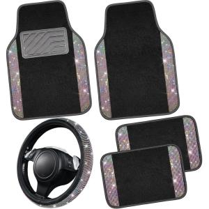 imageCAR PASS Bling Diamond Leather Steering Wheel Cover 145in15in Floor Mats Shining Rhinestone Carpet Sparkly Glitter Crystal AntiSlip Pad Fit Automotive SUV Pickup Truck Girl Women 5pcs Black SliverBlack Bedazzed
