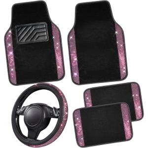 imageCAR PASS Bling Diamond Leather Steering Wheel Cover 145in15in Floor Mats Shining Rhinestone Carpet Sparkly Glitter Crystal AntiSlip Pad Fit Automotive SUV Pickup Truck Girl Women 5pcs Black SliverBlack Pink