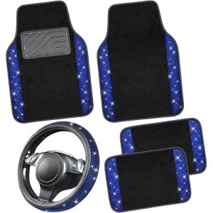 imageCAR PASS Bling Diamond Leather Steering Wheel Cover 145in15in Floor Mats Shining Rhinestone Carpet Sparkly Glitter Crystal AntiSlip Pad Fit Automotive SUV Pickup Truck Girl Women 5pcs Black SliverBlue