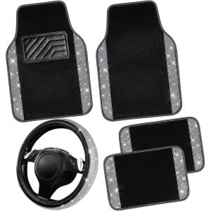 imageCAR PASS Bling Diamond Leather Steering Wheel Cover 145in15in Floor Mats Shining Rhinestone Carpet Sparkly Glitter Crystal AntiSlip Pad Fit Automotive SUV Pickup Truck Girl Women 5pcs Black SliverBlack Silver