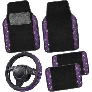 imageCAR PASS Bling Diamond Leather Steering Wheel Cover 145in15in Floor Mats Shining Rhinestone Carpet Sparkly Glitter Crystal AntiSlip Pad Fit Automotive SUV Pickup Truck Girl Women 5pcs Black SliverPurple