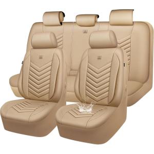 imageCAR PASS 3D Foam Faux Leather Car Seat Covers Front SeatsWaterproof Leather Front Seat Cover for CarUniversal Fit AntiSlip for SUV Truck Sedan AutomotiveArmrest Airbag CompatibleBlack and RedAll Beige