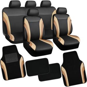 imageCAR PASS Jelly Leather Car Seat Covers Full SetWaterproof Automotive Seat Covers for Cars SUV Sedan TruckAirbag CompatibleSporty Universal Fit for Cute Women Girl Black and RedBlack Beige Set